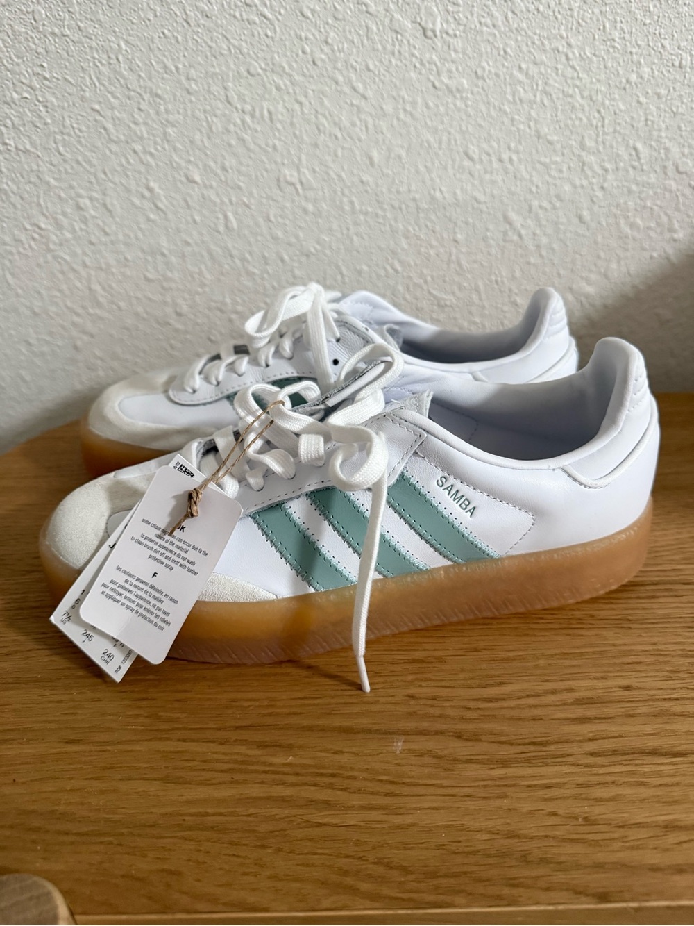 adidas Sambae W White Sneakers with Mint Green Stripes and Gum Sole
